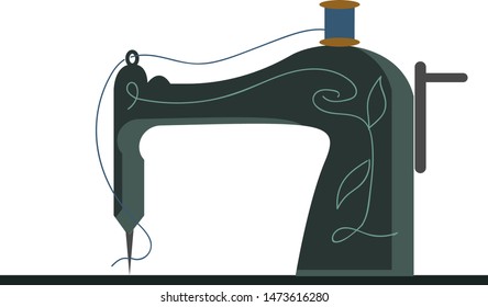 A smart new sewing machine with blue thread, vector, color drawing or illustration.