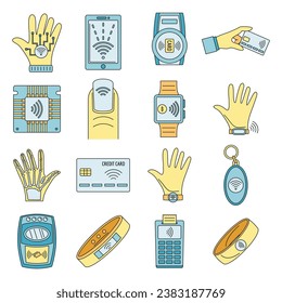 Conjunto de iconos de tecnología nfc inteligente. Conjunto de esquemas de la tecnología nfc inteligente iconos vectoriales color de línea delgada plano sobre blanco