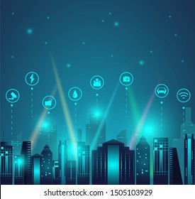Smart night city, modern building and technology icon infographic. Vector illustration in flat style.