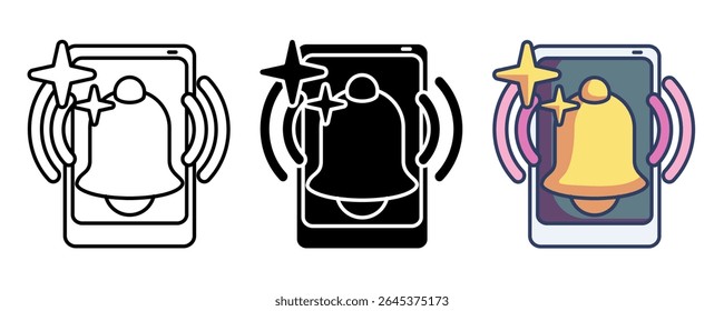 Smart notification bell icon represented by bell, smartphone, sound Line, Filled, Color style.