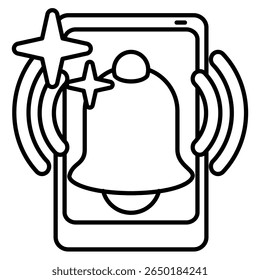 Ícone de sino de notificação inteligente representado por sino, smartphone, estilo de linha de som.