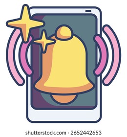 Ícone de sino de notificação inteligente representado por sino, smartphone, som estilo de cor linear.