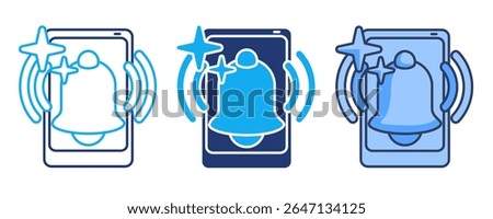 Smart notification bell icon represented by bell, smartphone, sound Blue, Dualline, Dualtone style.