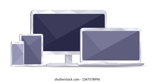 Conjunto de objetos inteligentes: teléfono móvil, tablet, laptop, computadora pc en blanco. Ilustración del vector