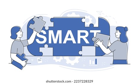 Smart objectives concept. Teamwork and partnership, employees set goals and tasks and work on common project. Motivation and leadership, workflow optimization. Cartoon flat vector illustration