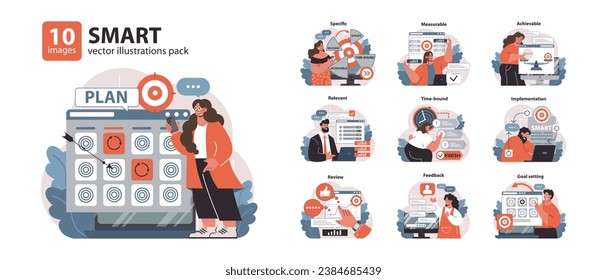 SMART objectives set. Professionals tackle goals with clear criteria. Specific, measurable, achievable steps. Time-bound tasks, constructive feedback. Flat vector illustration.