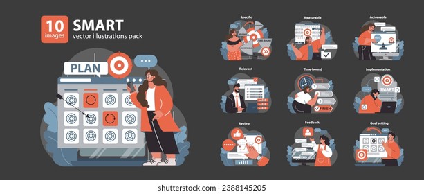 SMART objectives set. Professionals tackle goals with clear criteria. Specific, measurable, achievable steps. Time-bound tasks, constructive feedback. Flat vector illustration.