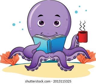 The smart octopus is reading the book and enjoy the coffee of illustration