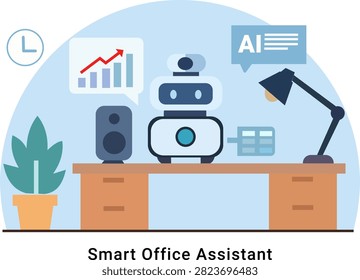 Smart office assistant concept with a robotic device on a desk, artificial intelligence technology, data analysis, and office automation tools