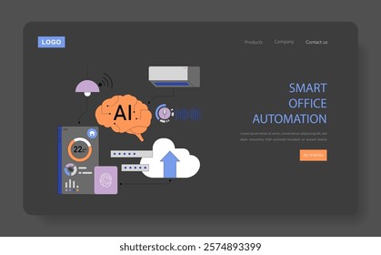 Smart Office Automation concept. Intuitive technology streamlines workflows with AI, cloud storage, and control devices. Office efficiency through digital transformation. Vector illustration.