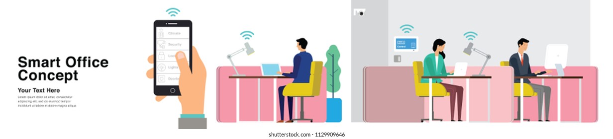 Smart Office Concept in Punch Colour. Template for Web, Landing Page, Infographics, Editorial, Commercial Use And Others. Vector.