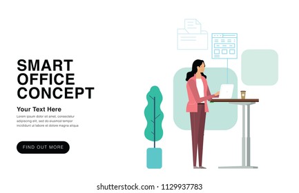 Smart Office Concept in Punch Colour. Template for Web, Landing Page, Infographics, Editorial, Commercial Use And Others. Vector.