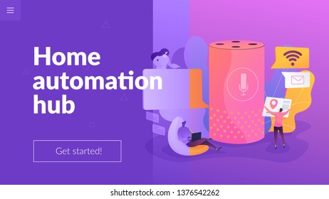 Smart office controller and voice commands, voice controlled office digital devices and Iot concept. Website homepage interface UI template. Landing web page with infographic concept hero header image