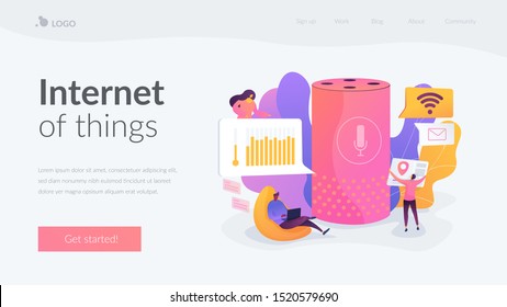 Smart office controller and voice commands, voice controlled office digital devices and Iot concept. Website homepage interface UI template. Landing web page with infographic concept hero header image