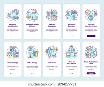 Smart office creation onboarding mobile app page screen with concepts set. Workplace trends walkthrough 5 steps graphic instructions. UI, UX, GUI vector template with linear color illustrations