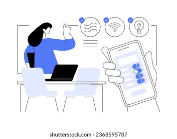 Smart office isolated cartoon vector illustrations. Woman working in a smart office checks air quality and light level with smartphone, screen with information, modern workplace vector cartoon.