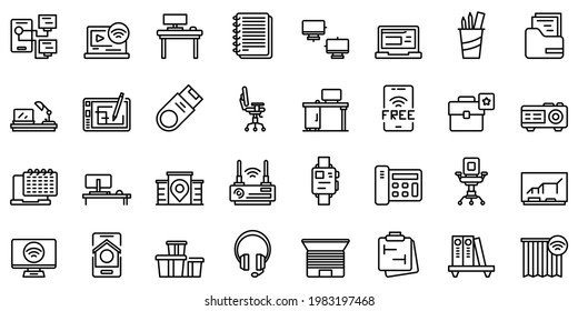 Smart office space icons set. Outline set of smart office space vector icons for web design isolated on white background