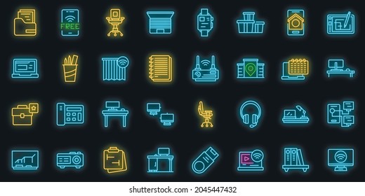 Los iconos de espacio de oficinas inteligentes están configurados. Conjunto de esquemas de iconos vectoriales de espacio de oficina inteligentes color de neón en negro