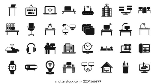 Smart office space icons set simple vector. Computer data. Digital device