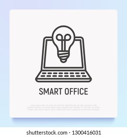 Smart office thin line icon: opened laptop with bulb. Modern vector illustration.