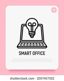 Smart office thin line icon, open laptop with bulb. Modern vector illustration.