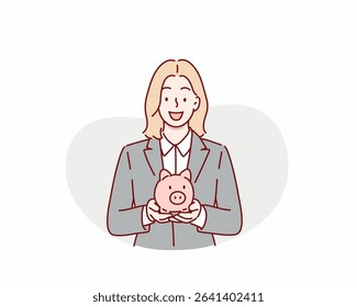 Smart Office Worker Holding a Piggy Bank. Hand drawn style vector design illustrations.