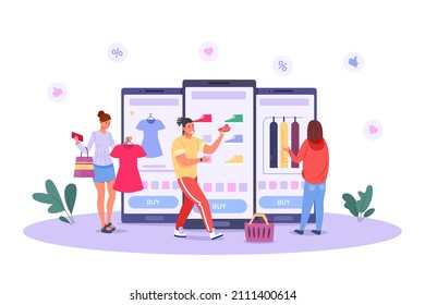 Smart online buyers. Ecommerce app for retail shop in mobile phone, user digital finance, internet shopping, buyer payment, vector illustration. App for buyer, online ecommerce