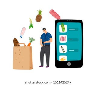 Smart online shopping. Grocery mobile app. Man with smartphone, shopping bag, food and drinks vector illustration