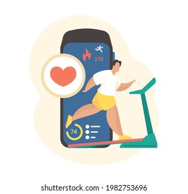 Smart online workout app. Man runs treadmill with cardio control mobile application. Digital indicators calorie burn fitness tracker and bracelet. Online physical trainer. Vector flat concept