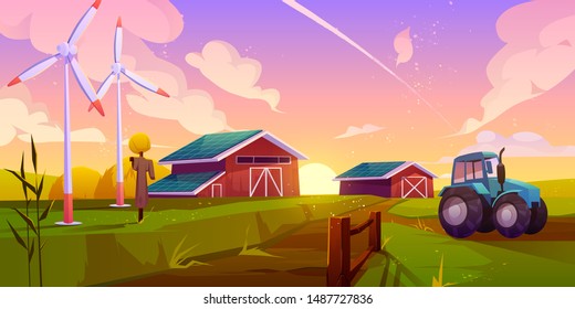 Smart and organic farming, future ecological agriculture cartoon vector concept with tractor going on rural road, wind turbines working in field, wooden barns with solar panels on roof illustration