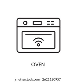 Ícone de forno inteligente com sinal sem fio, representando a tecnologia de cozimento conectado, adequado para a marca do aparelho e controle visual de cozinha. Ícone de linha no vetor com traçado editável.