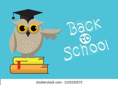 Smart owl and Back to school hand-drawn lettering text on blue  background.Vector illustration