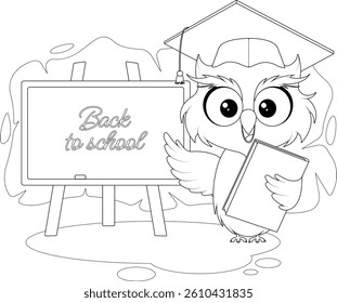 Smart Owl at the Blackboard. Coloring Page for Kids