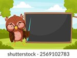 Smart Owl Character as Forest Animal at Chalkboard Vector Template