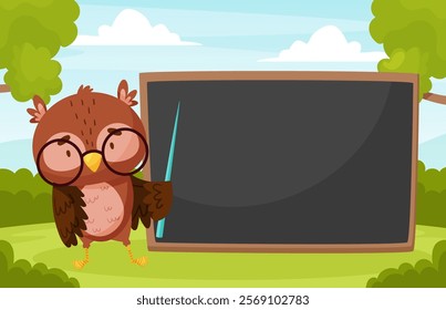 Smart Owl Character as Forest Animal at Chalkboard Vector Template