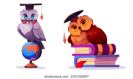 Smart owl characters set isolated on white background. Vector cartoon illustration of wise bird in academic hat sitting on globe and stack of books, cute school education mascot, knowledge symbol