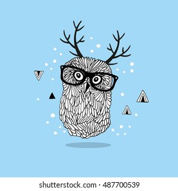 Smart owl in glasses with horns on her head. Cool winter print on blue background.