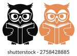 Smart owl with glasses reading book, educational symbol, vector illustration, friendly character.
