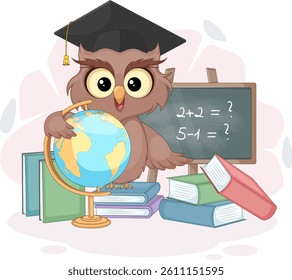 Smart Owl with Globe and Blackboard. Back to School Vector Illustration