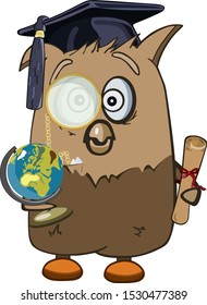 Smart Owl with Globe and Scroll. Professor Owl teaches lessons.