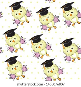 Smart owl  in a hat on white background seamless pattern