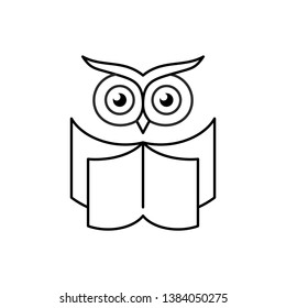 Smart owl with open book. Education logo. Reading club symbol. Line style book icon with owl head. Editable stroke width.