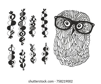 Smart owl and the set of hand drawn design elements in scandinavian style. Vector illustration in doodle stile.