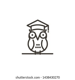 Smart owl with a student academic cap vector icon. Thin line illustration of a school student owl