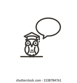 Smart owl with a student academic cap and a speech bubble vector icon. Thin line illustration of a school student owl