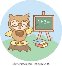 Smart owl teaching simple math with a chalkboard and books in an outdoor forest classroom, part of a fun summer learning experience