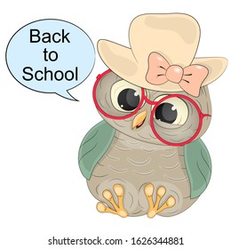 smart owl with text back to school. cartoon vector illustration on a white background.