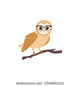 Smart owl wearing glasses, cartoon flat vector illustration isolated on white background. Bird sitting on branch. Wild animal drawing. owl as symbol of education.