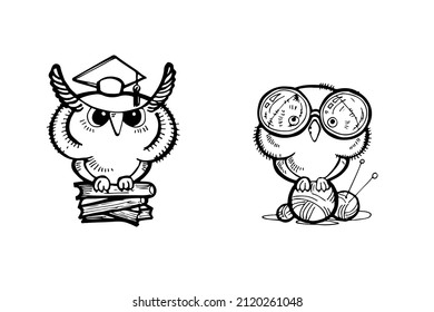 Smart owls for a textbook to help you learn lessons. Owl with glasses. Owl with a book. Helper for children. Clever bird