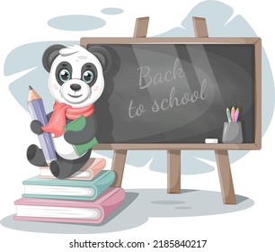 Panda inteligente con un lápiz, una tabla escolar y libros